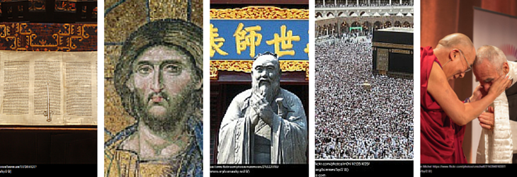 montage of images: religious book, mosaic, statue, Kaaba, Dalai Lama